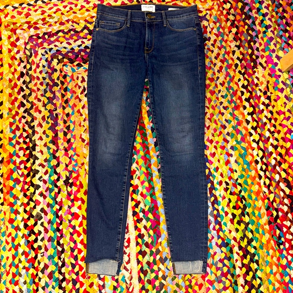 Awesome Frame Le High Skinny Raw Hem Denim Jeans - Dark Wash Stretch